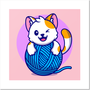 Cute Cat Playing Yarn Ball Cartoon Posters and Art